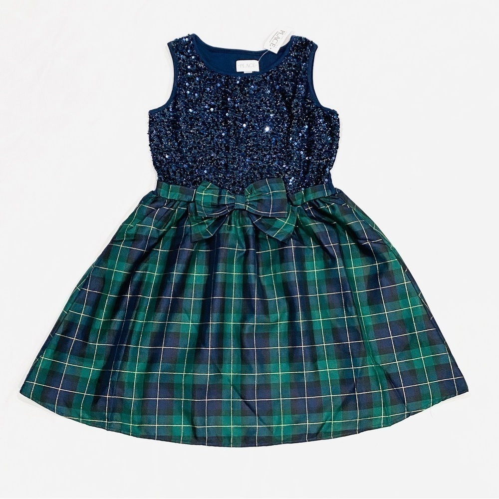 NWT Children's Place Blue Green Sequin Plaid Knit To Woven Party Holiday Dress